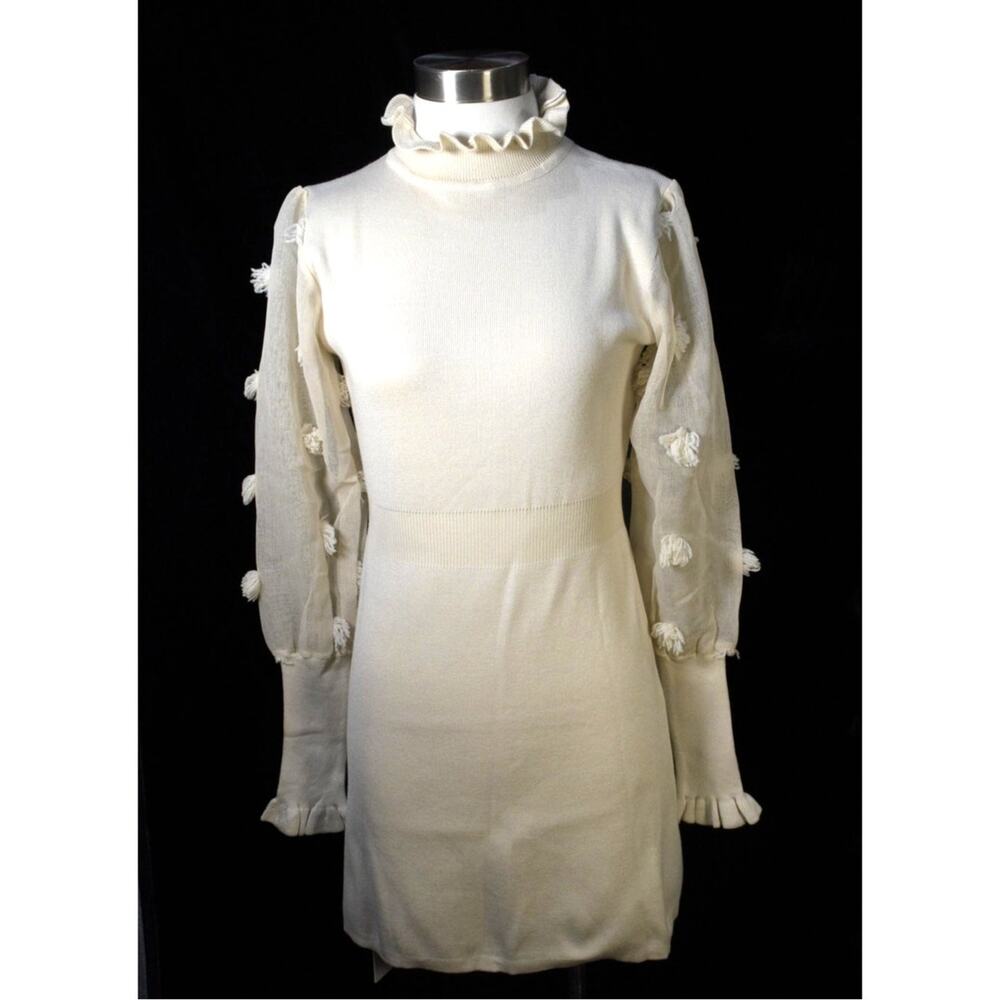 Sarah Woodz Casual Knit Cotton Blend Dress Sheer Sleeve Flocked Funky Feminine M